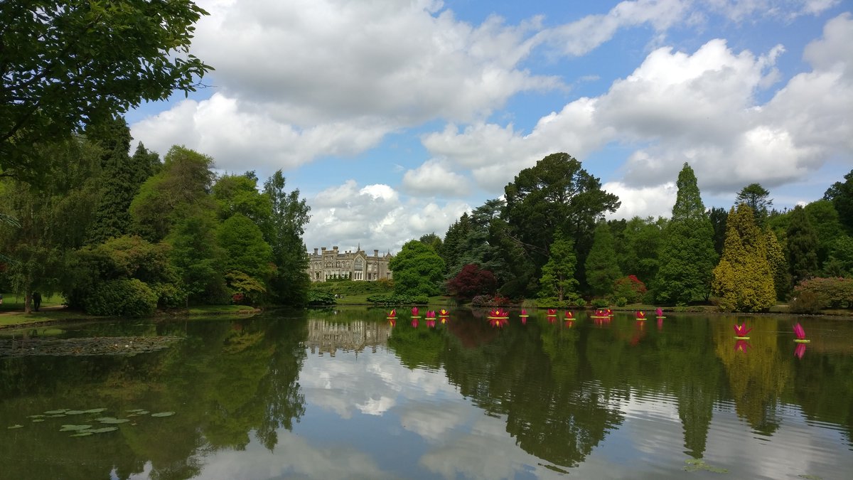 House and gardens with water reflection